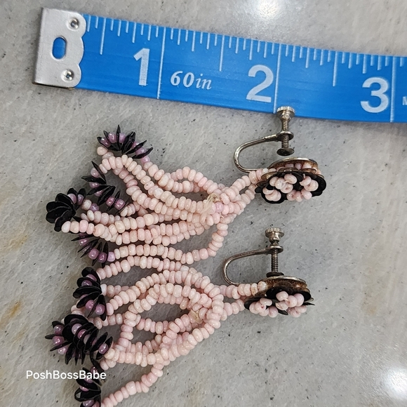 Vintage Pink Beaded Flower Dangle Earrings – 2" Screw Back - Picture 4 of 7